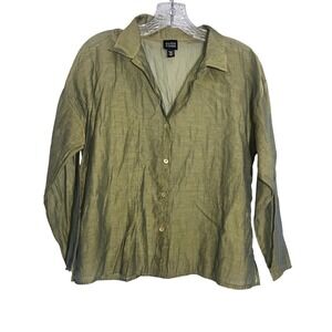 Eileen Fisher S Womens Italian Sheer Cotton Nylon Button Down Shirt Moss Green